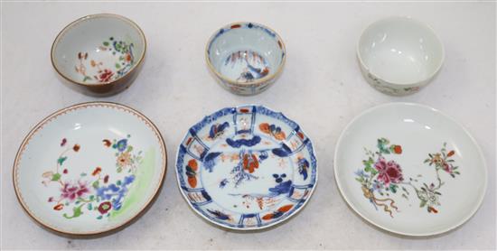 A group of Chinese export polychrome porcelain teabowls, four saucers and a cup, Qianlong period, the cup 8.6cm diameter